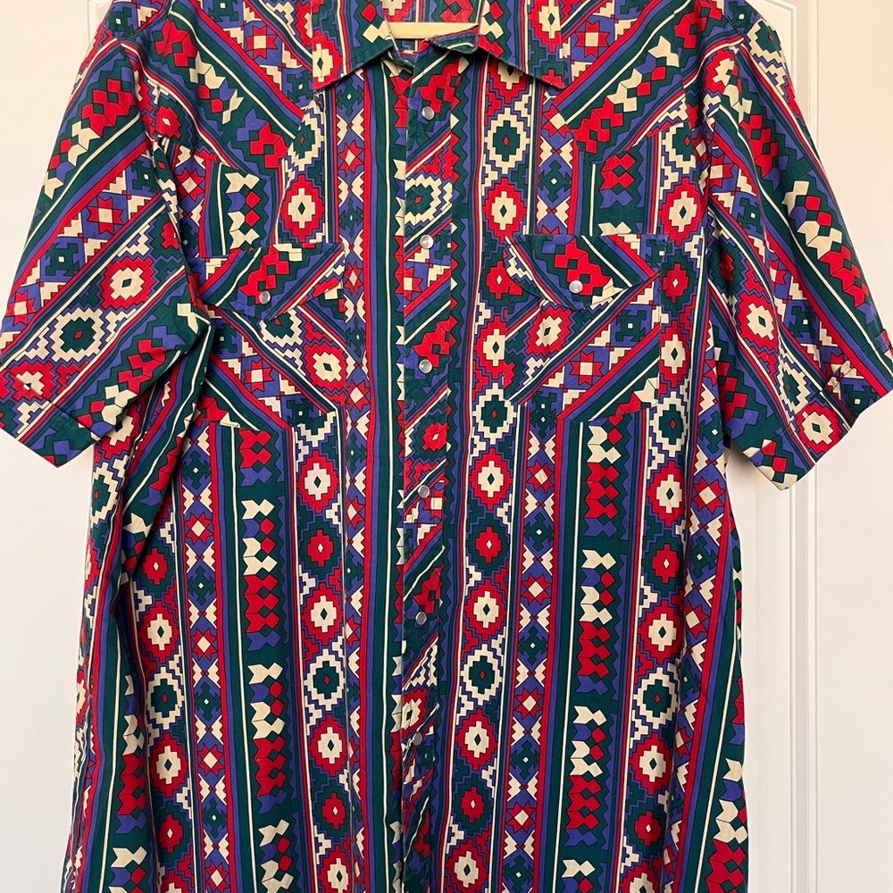 Shepler’s‎ Western Fit Bold Aztec-Print Pearl Snap Shirt in Red, Navy & Green XL